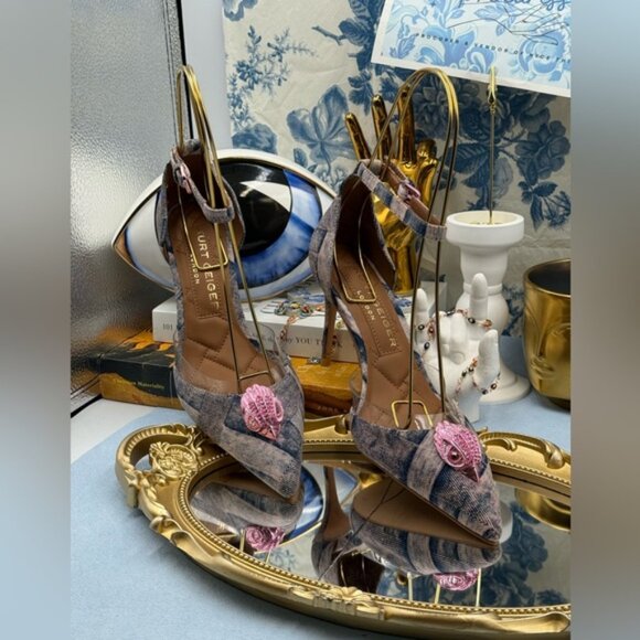 🆕 KURT GEIGER LONDON 🧿 NWOB Belgravia Pink Denim Vinyl High Heel, Sz 37 US 7 - Picture 4 of 16